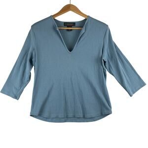 Banana Republic 3/4 Sleeve Top Women's XL 100% Cotton Slate Blue Split Neck Prep